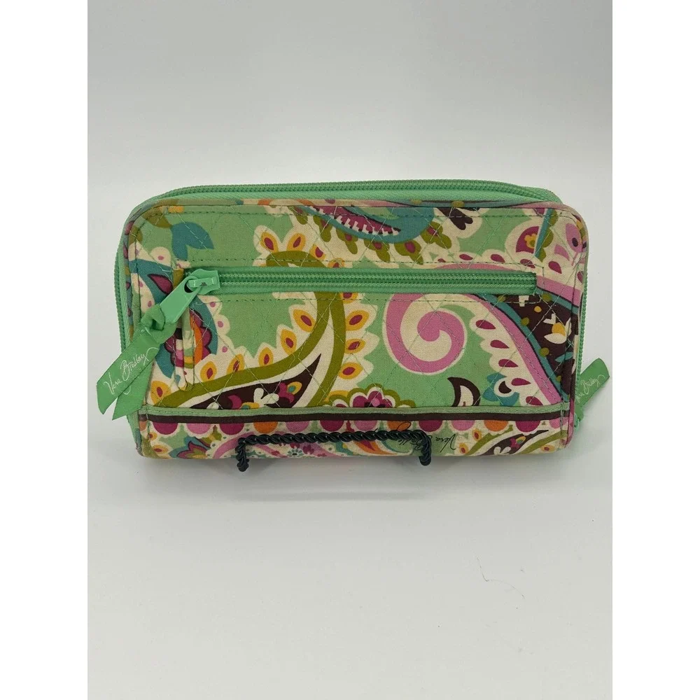 Vera Bradley Turn Lock Zip Around Wallet Pink Green Paisley Floral Y2K